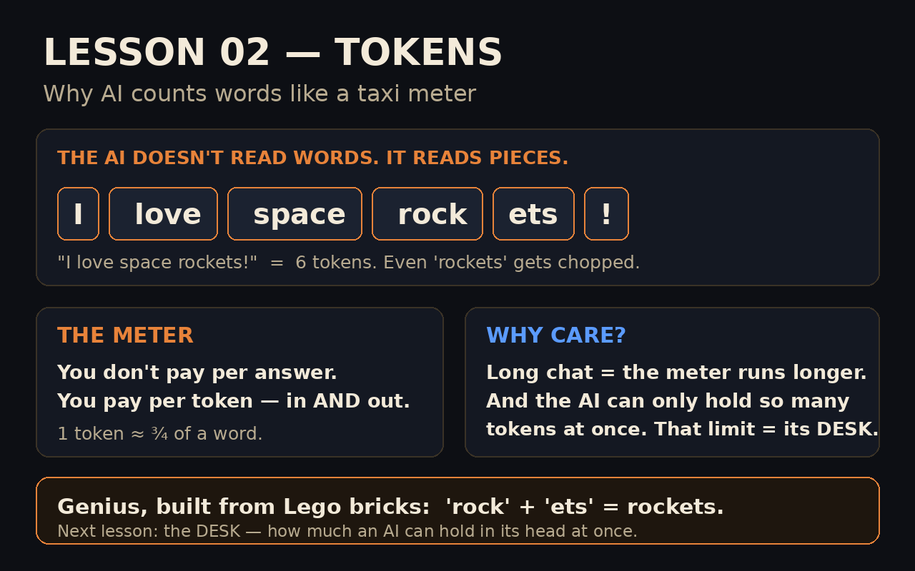 Tokens explained: the AI reads pieces of words, pays by the token like a taxi meter, genius built from Lego bricks
